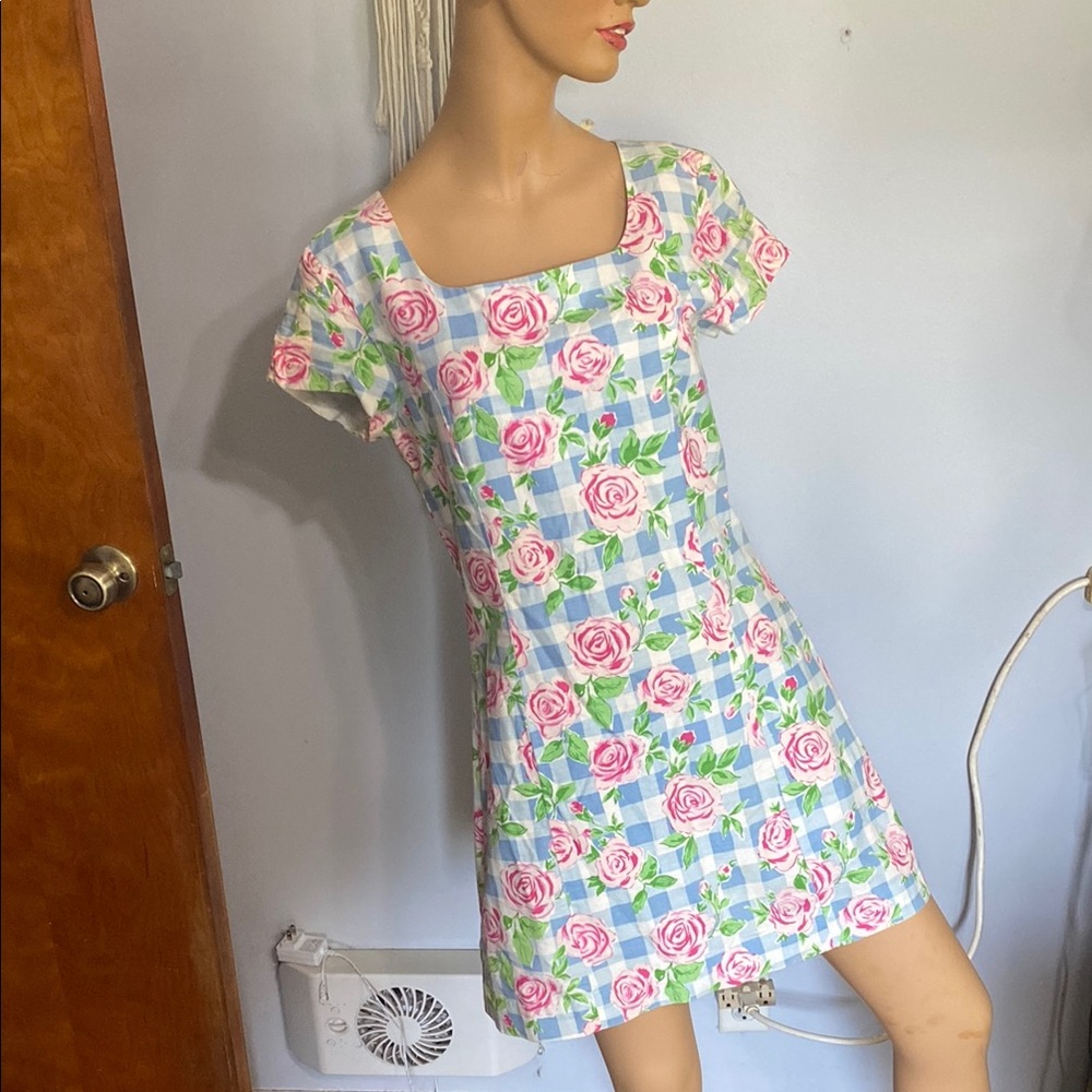 Vintage white tag Lilly Pulitzer roses blue checker dress size 8
